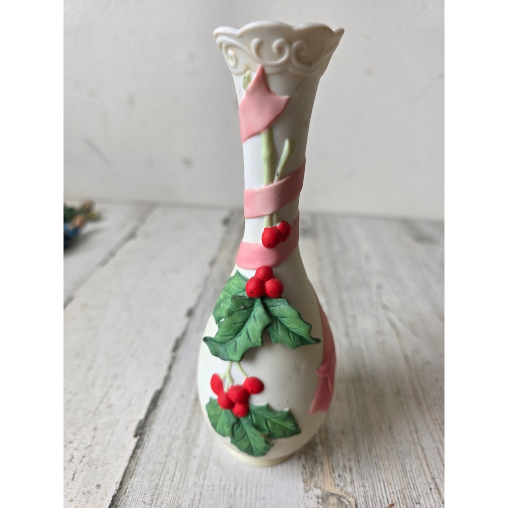 Vintage enesco xmas ceramic vase Holly poinsettia 1988 decor Xmas